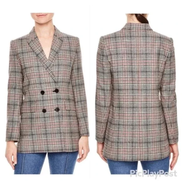 Sandro Paris Lauryn Plaid Wool Blazer Women Size 36 Double Breasted Designer Lux